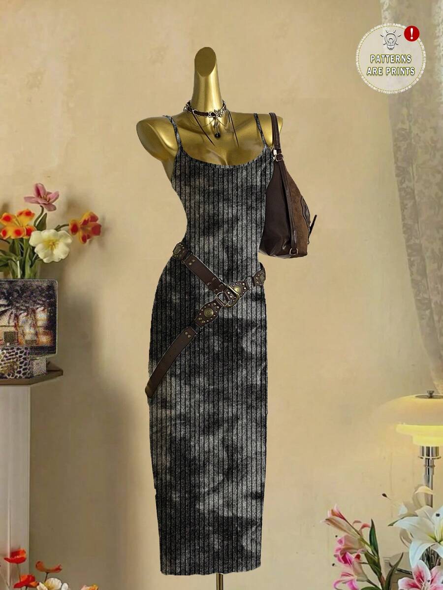 Attitoon 休闲简约扎染图案印花修身长裙，适合夏季