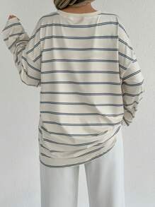 SHEIN EZwear Women's Crew Neck Long Sleeve Striped Simple Casual Blouse For Daily Wear - Apricot - View 2