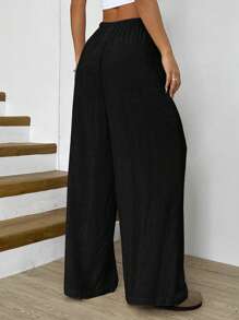SHEIN EZwear Plus Size Solid Color Casual Knotted Wide Leg Pants, Wide Leg Linen Pants,Business Casual Woman - Black - View 2