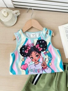 Zweiteiler bestehend aus Mädchen Strick-Trägertop mit niedlichem Muster und einfarbiger Webshorts
