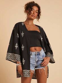 Travachic Elegante blusa larga bohemia negra con detalles estampados y diseño de nudo, kimono cárdigan bohemio, adecuado para vacaciones, té de la tarde, temporada de bodas, crucero por la playa, viaje por la ciudad, vacaciones bohemias, festival de música, ropa de playa, Pascua, playa para mujer, elegante para mujer, vacaciones para mujer, concierto para mujer, vacaciones tropicales para mujer, vacaciones, bohemio, para primavera, verano y otoño - Negro - Ver 4