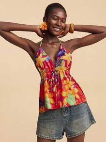 Travachic 女士印花系带腰身时尚露背吊带背心，适合度假、海滩度假、夏季等各种场合。 - 紅色 - 查看 4