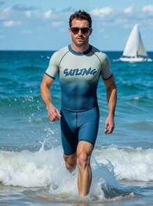 Manfinity Swimmode Costume da bagno intero da uomo con stampa sfumata di lettere, adatto per l'estate