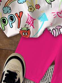 SHEIN 2 件女孩休闲可爱卡通涂鸦星星、心形、花朵、彩虹、樱桃、快乐文字印花短袖 T 恤和短裤套装，夏季 - 彩色 - 查看 6