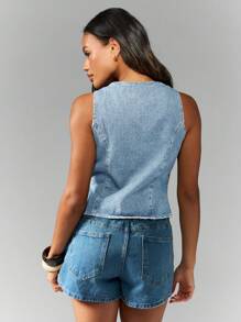 MISSGUIDED Vintage Inspired Denim Waistcoat Shell Decorative Buttons Sleeveless Summer Festival Western Coastal Resort Vest - Light Wash - View 2