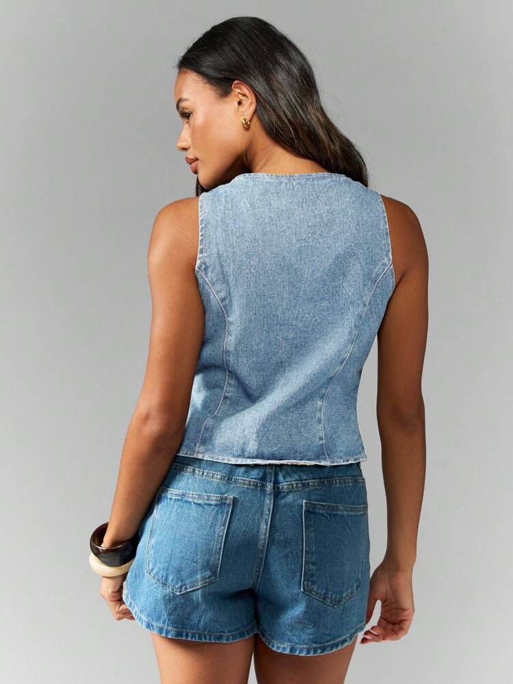 MISSGUIDED Vintage Inspired Denim Waistcoat Shell Decorative Buttons Sleeveless Summer Festival Western Coastal Resort Vest
