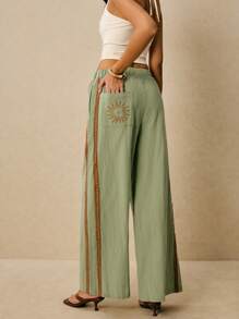 Poéselle 女式松紧腰刺绣口袋休闲阔腿裤