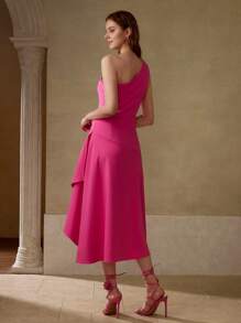 MOTF PREMIUM VESTIDO CON DISEÑO DE VOLANTE EN LOS HOMBROS, DOBLADILLO ASIMÉTRICO Y AJUSTE EN LA CINTURA PARA MUJER - Rosa Fucsia - Ver 3