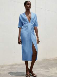 Aveloria Modichic Vestido midi ajustado fruncido con escote en V, de manga larga para mujer - Azul - Ver 3