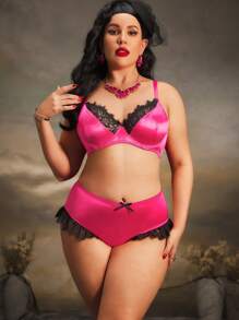 2 件加大码文胸套装，带钢圈、蕾丝睫毛、褶饰、缎面、复古色块、蝴蝶结设计