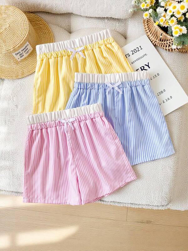 Set de 3 piezas de pantalones cortos casuales con capas y rayados en colores vivos para niñas adolescentes