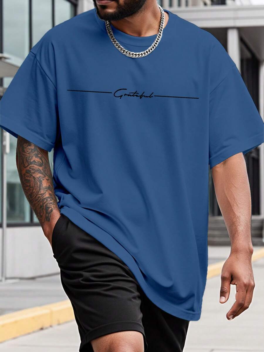 Manfinity Homme Plus Size Men's Summer Letter Print Crew Neck Short Sleeve Casual Loose T-Shirt - Blue - View 1