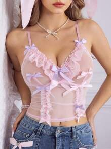 FairyFlirt Women's Cute Underframe, Pleated Ruffle, Petal Hem, Bow Decor Cami Top - Pink - View 1