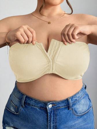 SHEIN CURVE+ Front Zip Plus Size Minimizer Padded Bra Tank Top, Curve Plus, Boho Vacation Tops With Built In Bra Plus Size Strapless Bra Strapless Bra Top Curvy Tops Built In Bra Top