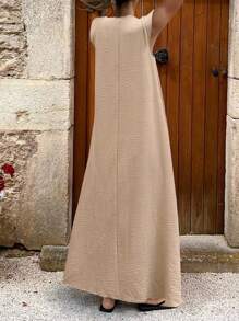 Breezaya 女式复古加长秋季连衣裙 - 卡其色 - 查看 2