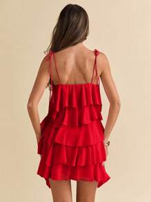 SHEIN BAE 夏季海边度假纯色浅粉色节日连衣裙荷叶边雪纺蛋糕裙吊带裙音乐节服装乡村音乐节服装演唱会服装返校服装婚礼伴娘服 - 紅色 - 查看 2