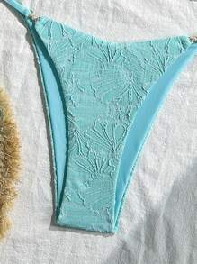 Swim Vcay 2pcs/Set Summer Vacation Textured Fabric, Spaghetti Strap Gold Decor Strapless Bra And Bikini Swimwear Set For Women, Sexy - Mint Blue - View 4