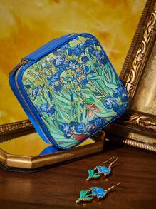 SHEIN Touch of Art 1 件装鸢尾花图案 PU 皮革便携式旅行首饰收纳盒，配有 3 个项链挂钩、戒指收纳隔层和其他收纳隔层，适合居家收纳、旅行、通勤使用，适合女性、女孩、青少年，文森特·梵高风格，艺术气息浓郁，优雅别致，适合夏季、春季、海滩、度假等场合。 - 藍色 - 查看 3