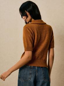 Poéselle 柔软针织 Polo 衫上衣 - 女式短袖纽扣套头衫、女式针织 Polo 衫、纽扣针织 Polo 衫、柔软针织上衣、翻领针织衫、学院风毛衣上衣、秋季针织时尚、棕色针织上衣、女式针织上衣