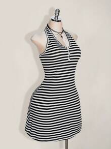 SHEIN ICON 大码黑白条纹 V 领露背修身连衣裙 - 黑與白 - 查看 5