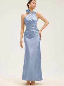 Revavyn 浪漫派对礼服，缎面斜肩，腰部褶饰设计，修身连衣裙，搭配 3D 花朵颈链，女士长款无袖连衣裙 - 淺藍色 - 查看 4