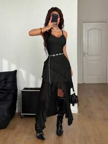 Coolane Women's Solid Color Asymmetrical Hem Casual Sleeveless Dress For Summer - Black - View 5