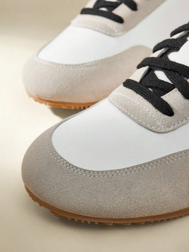 CUCCOO EASI Women's Patchwork Design Round Toe Flat Casual Sports Shoes, Breathable Fabric Apricot Casual Sneakers For Daily Wear Outdoor