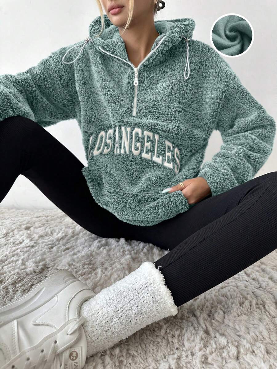 EURMUSE Women's Hooded Drawstring Zipper Letter Print Long Sleeve Fashionable Jacket - Mint Green - View 1