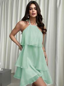 Firerie 情人节新款优雅浪漫约会露背多层下摆白色欧根纱挂脖A字裙泡泡裙洛丽塔连衣裙 - 薄荷藍 - 查看 7