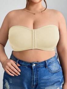 SHEIN CURVE+ 前拉链加大码迷你衬垫文胸背心，加大码曲线，波西米亚风度假上衣，内置文胸加大码无肩带文胸无肩带文胸上衣曲线上衣内置文胸上衣 - 杏色 - 查看 6