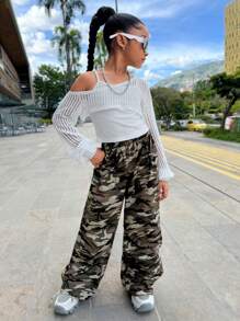 2pcs Girls Casual Tween Set, Black & Beige, Hollow Knit Short Sleeve Top, Camisole, Camouflage Cargo Pants, Streetwear Style, Matching Parent-Child, Back To School, Autumn/Winter - Multicolor - View 4