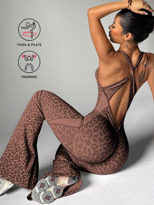 Slayoga 1pc Leopard Print Twisted Cutout Back Deep V Flared Jumpsuit