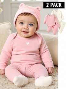 SHEIN 新生女童两件套婴儿套装，简约、休闲、舒适、亲肤针织面料，米色心形数码印花和粉色长袖连体裤，搭配同款裤子，适合四季日常居家和户外穿着 - 彩色 - 查看 3