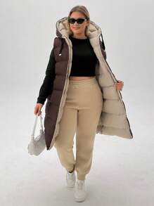 EURMUSE Plus Size Zip Up Drawstring Hooded Puffer Vest Coat, For Winter - Brown - View 5