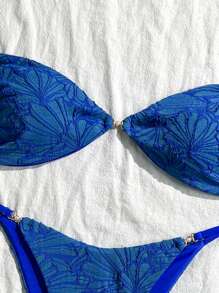 Swim Vcay 2pcs Summer Holiday Textured Fabric Spaghetti Strap Golden Accessory Bandeau Top & Bikini Bottoms Sexy Women Swimsuit Set - Blue - View 4