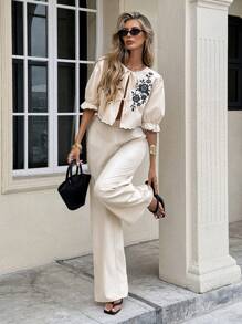 Serisse 2pcs Women Floral Embroidery Twist Front Top And Pants Set Summer Casual - Apricot - View 6