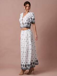 Enchnt Romantisches Set für Frühling/Sommer, weißes Oberteil mit Blumenstickerei-Print zum Binden vorne, Puffärmeln und Midirock für Damen, Urlaubsoutfit, süß und elegant für Geburtstage, Weihnachtsfeiern, süße Verabredungen, das tägliche Pendeln, Urlaub, Abschlussfeiern, Nachmittagstee und Gartenpartys, Sommeroutfits für Damen - Blau-Weiß - Übersicht 5