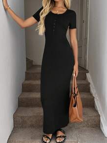 SHEIN LUNE Sexy Bodycon Black Short Sleeve Knit Dress, Figure-Flattering Midi Dresses For Women Elegant