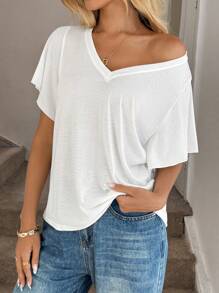 Easowa Solid Batwing Sleeve V Neck Tee - White - View 6
