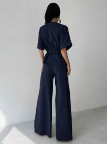 Firerie 2 件女士优雅休闲度假通勤 V 领宽松腰衬衫上衣和高腰阔腿裤套装，适合春夏秋季，休闲通勤套装，宽松套装，通勤，优雅，母亲节，教师节，工作装