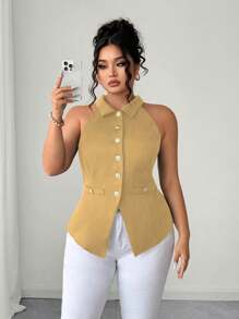 Elenzga 大码女式时尚翻领前扣金属纽扣腰带衬衫 - 卡其色 - 查看 1