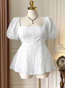 DreamSkyne 大码女式优雅梭织短袖纯色镂空刺绣后背系带白色衬衫 - 白色 - 查看 1