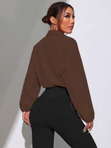 Dewbera Dewbera Chaqueta deportiva con bloques de color y rayas, cremallera completa y dobladillo con cordón, para primavera/otoño - Caqui - Ver 3