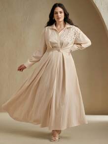 Anewsta Váy thời trang cao cấp đính đinh tán thiết kế nghệ thuật cỡ lớn dành cho nữ, thanh lịch - Màu be - Xem 5