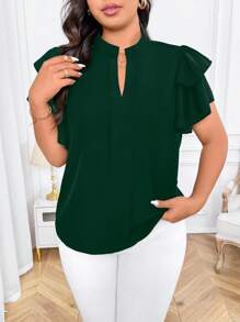 SHEIN Clasi 大码纯色缺口领荷叶边休闲短袖衬衫 - 墨綠色 - 查看 3