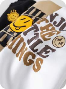 SHEIN 3 Stücke Baby Jungen Allround Pullover Sweatshirts mit süßem Cartoon Gesichtsmuster in Schwarz, Weiß und Beige, geeignet für Frühling, Herbst und Winter