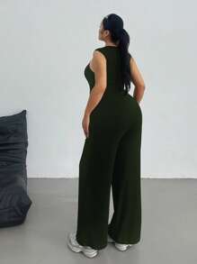 POPSWAY MOOSTA Plus Size Spring/Summer Women's Solid Color Elegant Loose Casual Off The Shoulder Sleeveless Sports Academy Simple Casual Square Neck Wide Leg Jumpsuit - Green - View 2