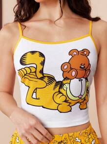 GARFIELD | SHEIN Women's Camisole Top & Shorts Pajama Set, Yellow Contrast, White Top, Homewear, Cartoon Pattern, Cute Pattern, Cute Pajama Set, Graphic Pajama Set, Back To School, Y2K, Casual - Yellow - View 4