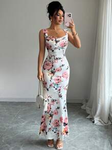 Elenzga Women's Floral Print Pleated Square Neck Sleeveless Dress