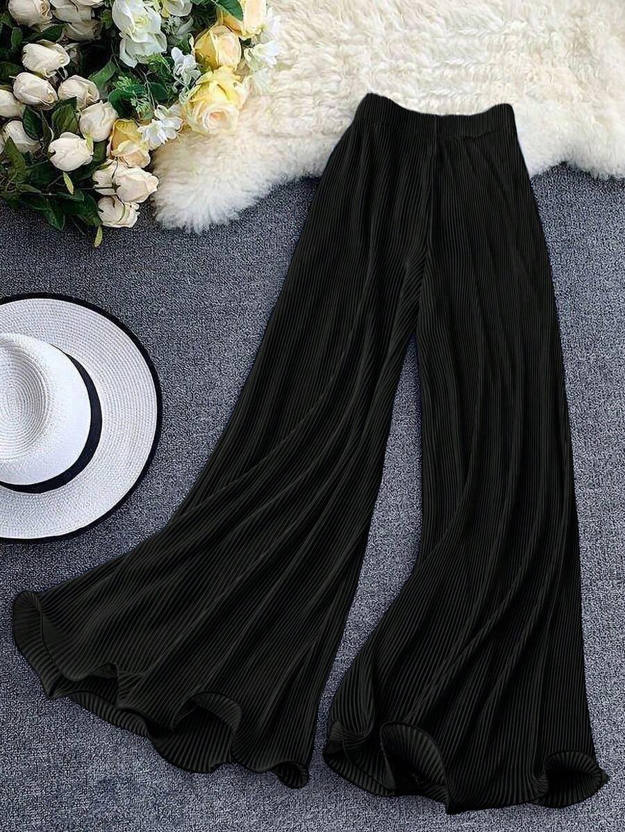 Franclia Plus Size Solid Color Casual Versatile Wide Leg Pants Fall Cloth For Women - Black - View 1